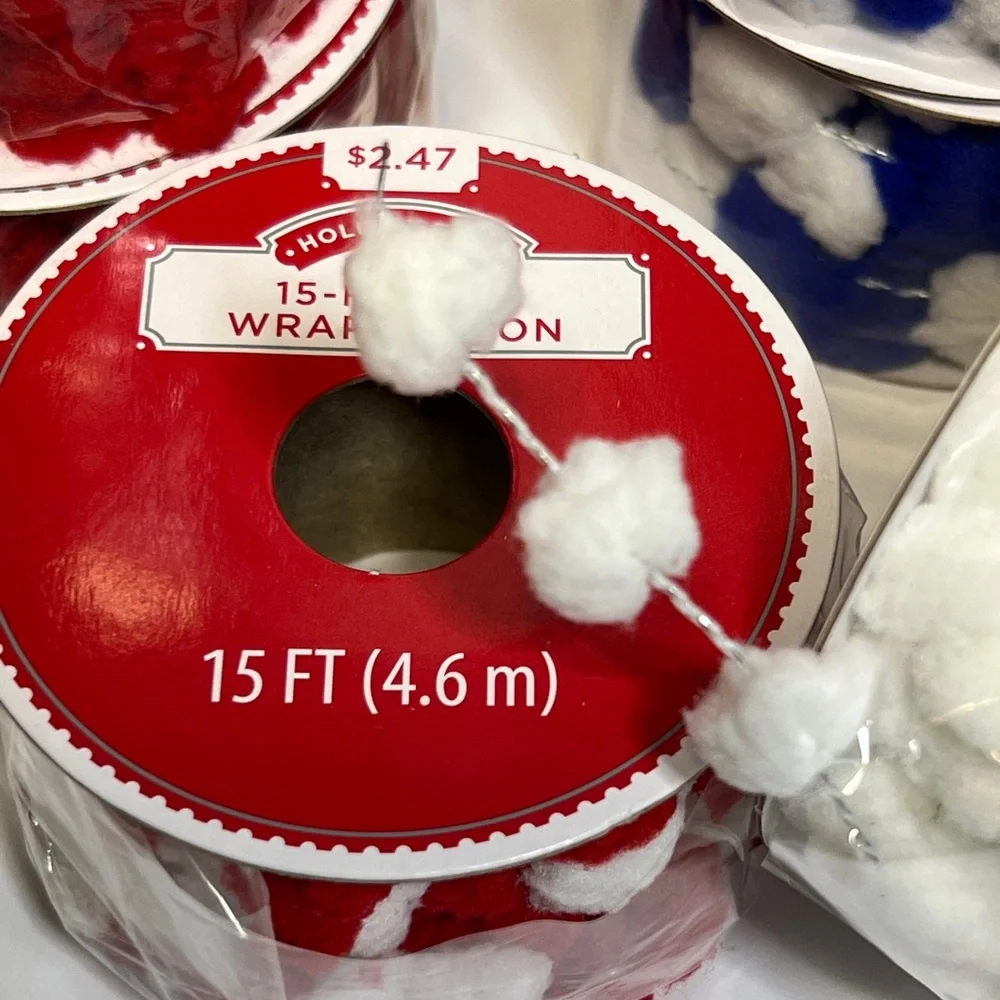NWT - Holiday Time Red, Blue and White “Pom-Pom” Gift Wrap Ribbon/Garland